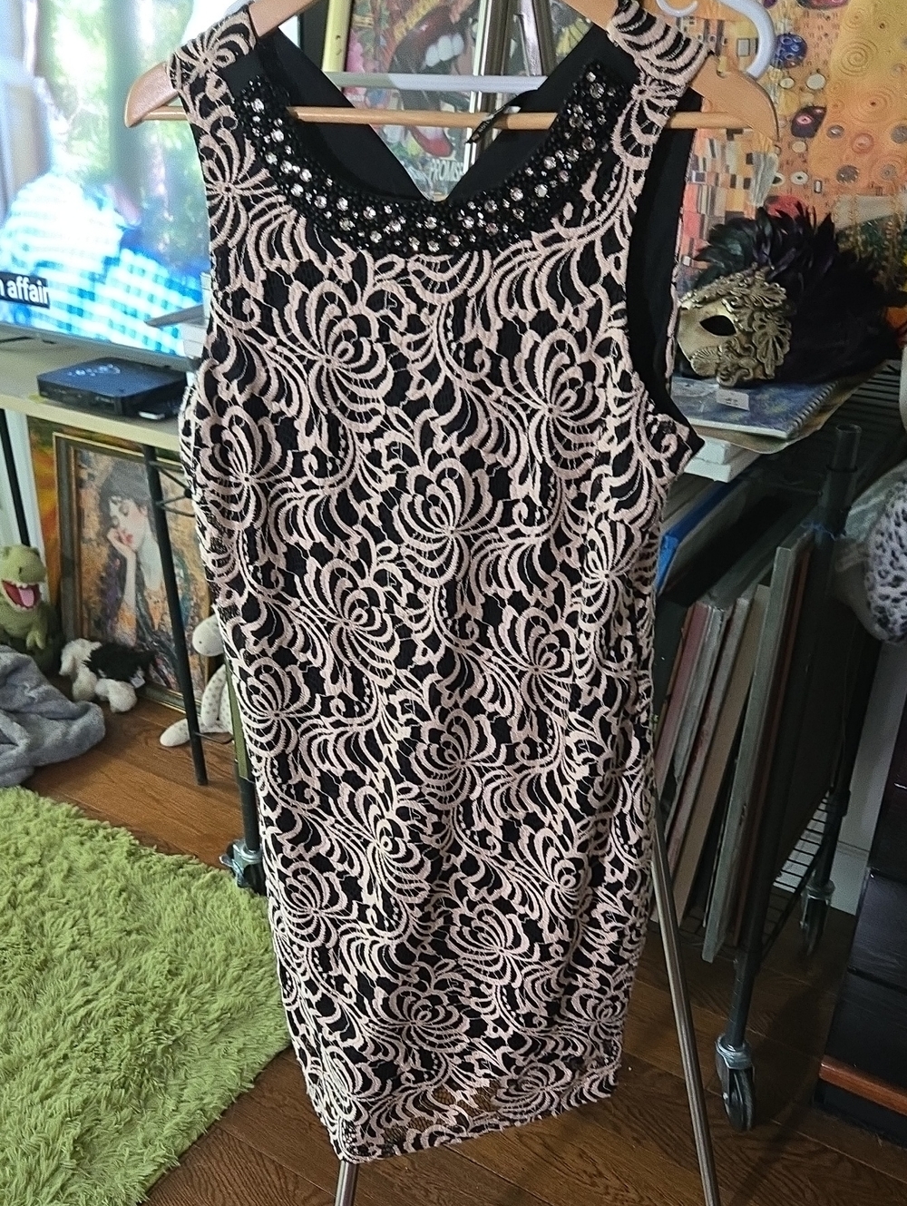 Collection B Black Dress with Blush Lace Overlay and Beaded Neckline